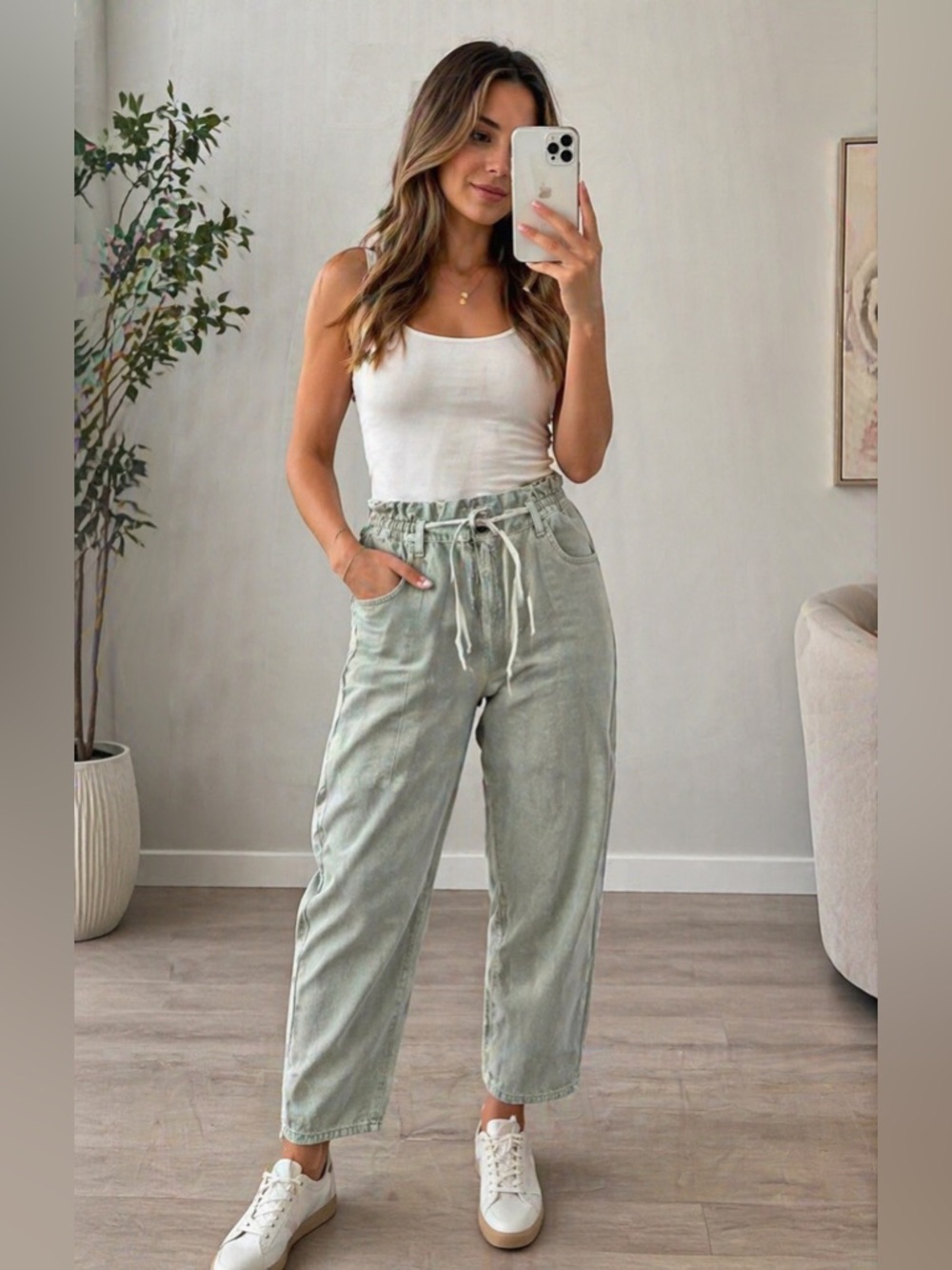 7 For All Mankind Paperbag Waist Balloon Jeans Pale Sage Green • Size 26